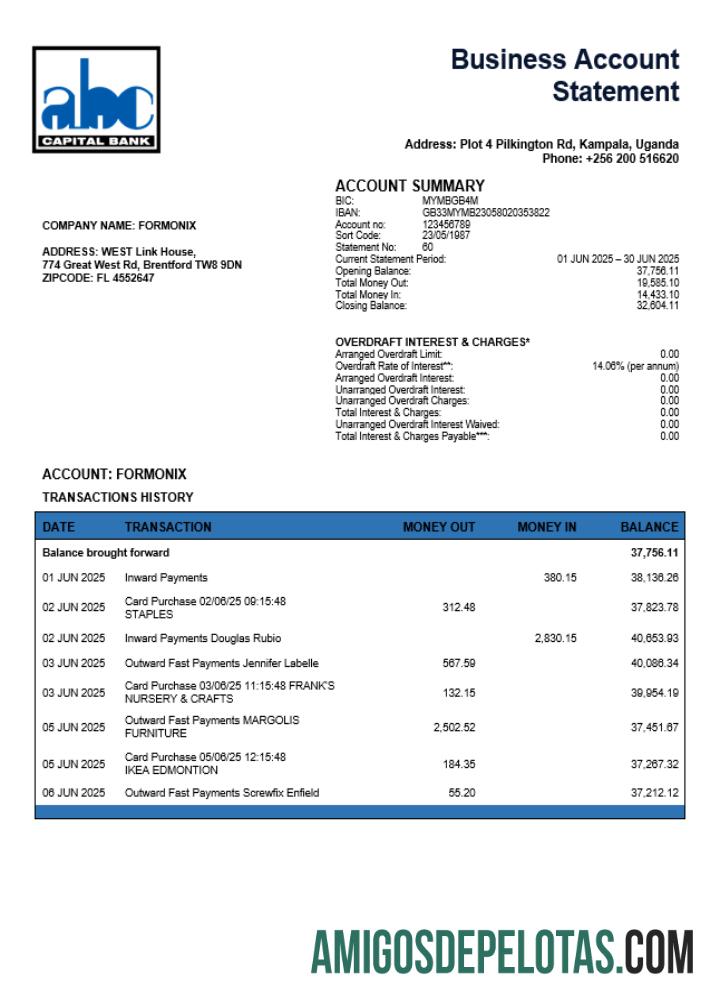 Exemplo de declaração empresarial do Uganda ABC Bank Of Uganda em formato Word e PDF